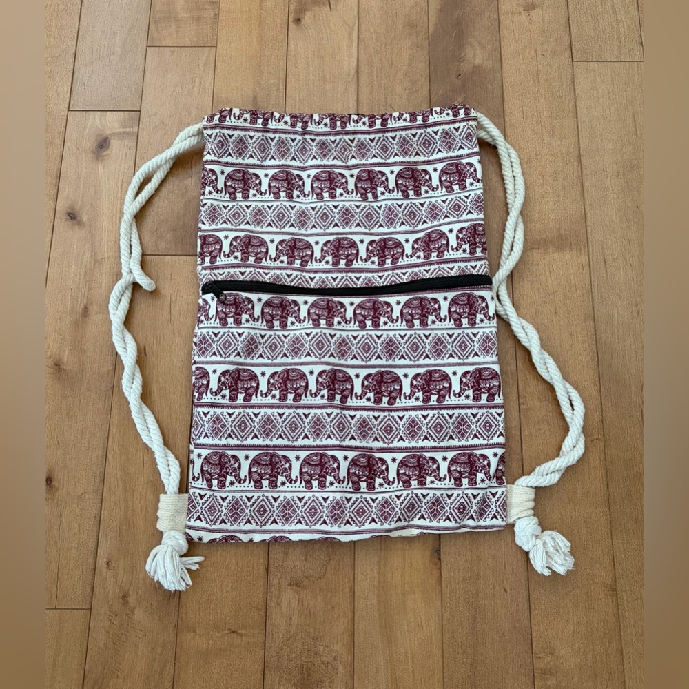 Elephant Print Drawstring Backpack | Boho Canvas Bag - Picture 1 of 4